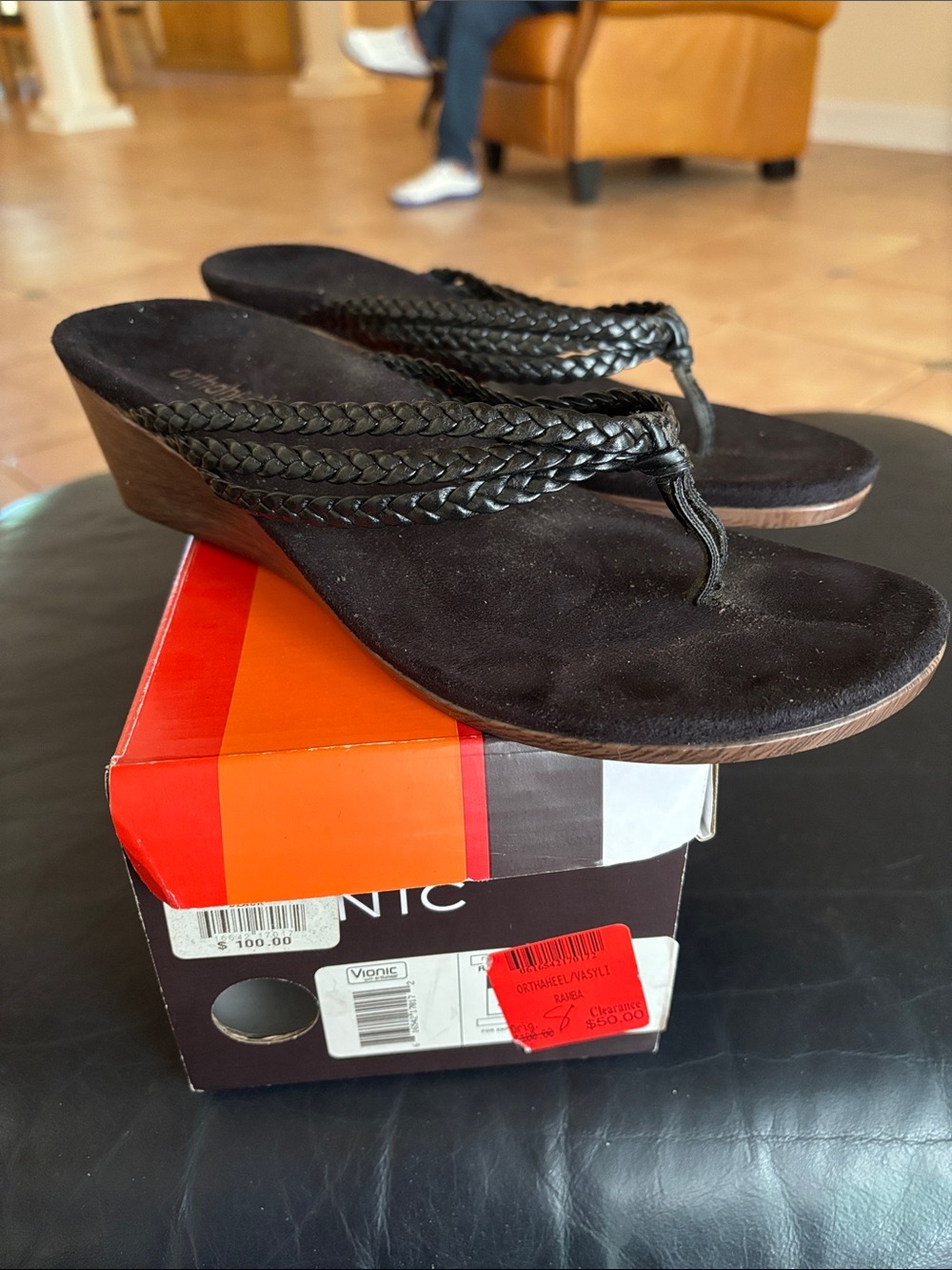 Vionic Black Braided Wedge Thong Sandals